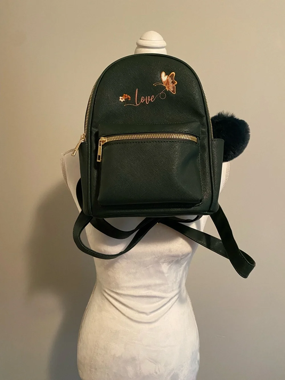 'Love' Embroidered Mini Backpack with Pom Accent in Dark Green
